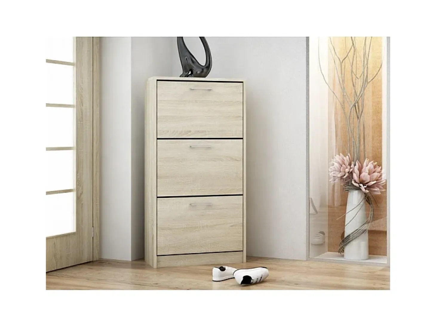 FANO - Zapatero de estilo moderno - 116x60x28 cm - Zapatero 3 puertas 6 nichos - Mueble recibidor - Aspecto madera