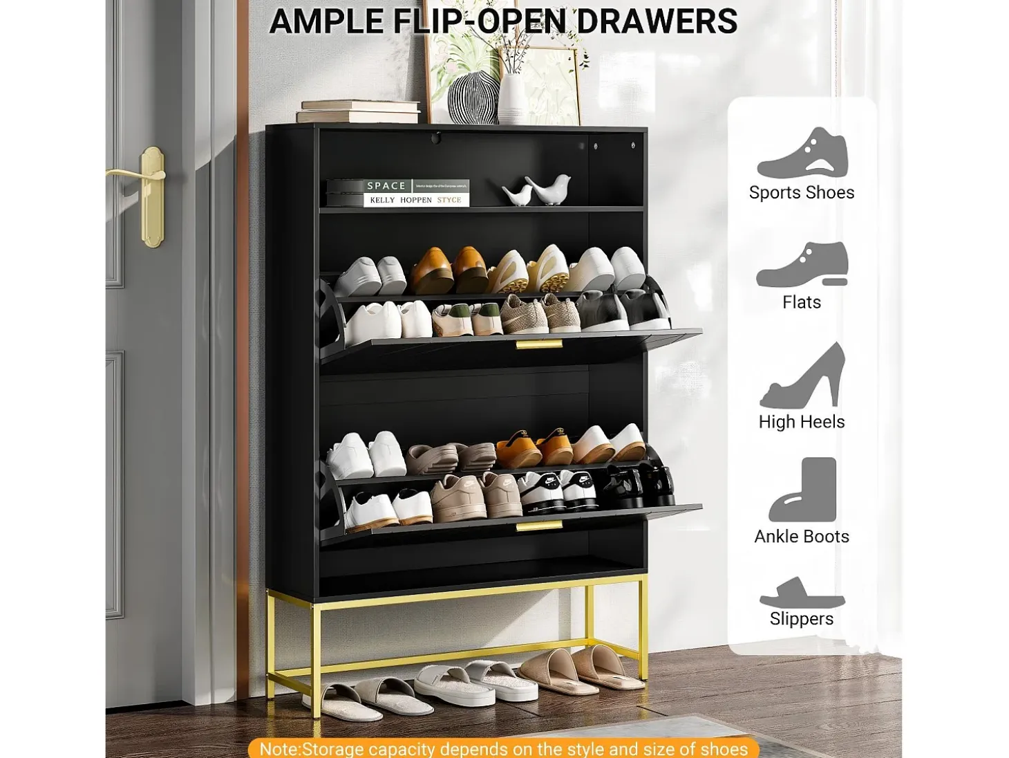 Gabinete de zapatos, con 2 puertas de subcontratación y 1 estante abierto, antiinclinado, negro, 80x24x117cm de diseño