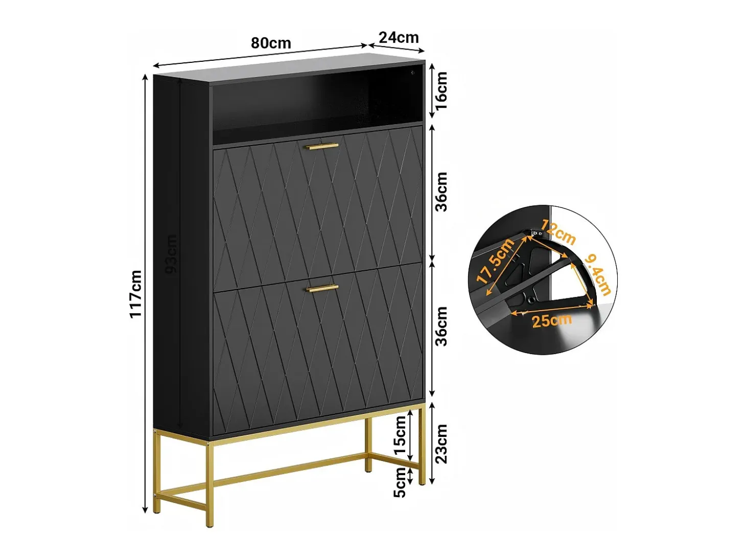 Gabinete de zapatos, con 2 puertas de subcontratación y 1 estante abierto, antiinclinado, negro, 80x24x117cm de diseño