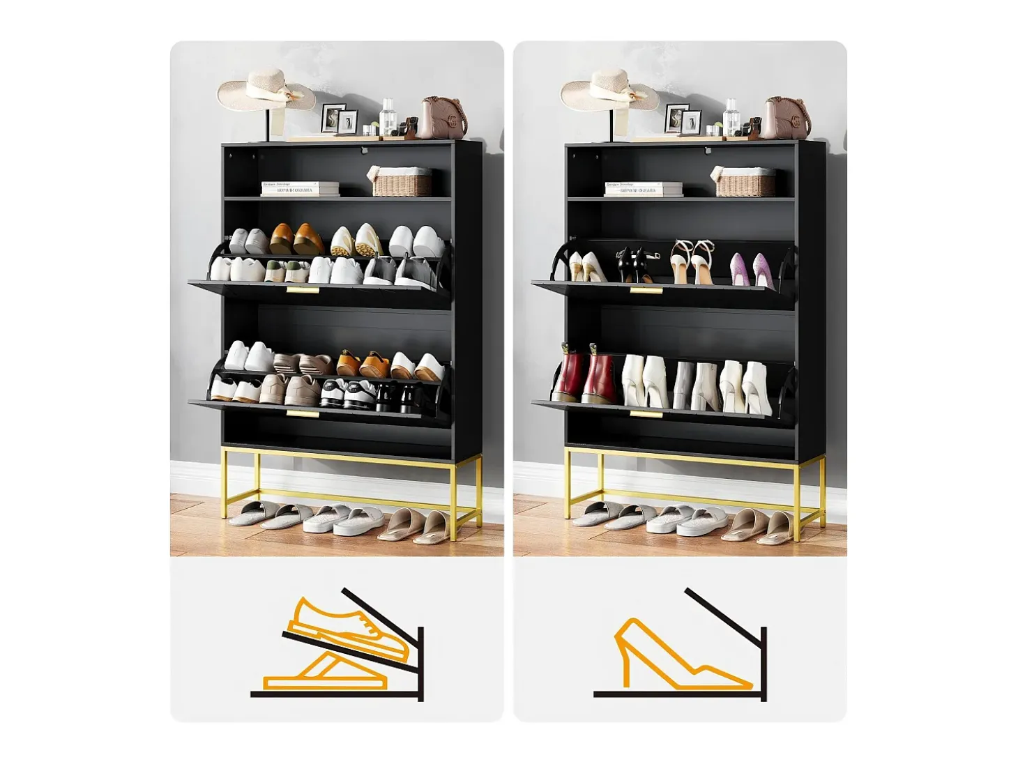 Gabinete de zapatos, con 2 puertas de subcontratación y 1 estante abierto, antiinclinado, negro, 80x24x117cm de diseño