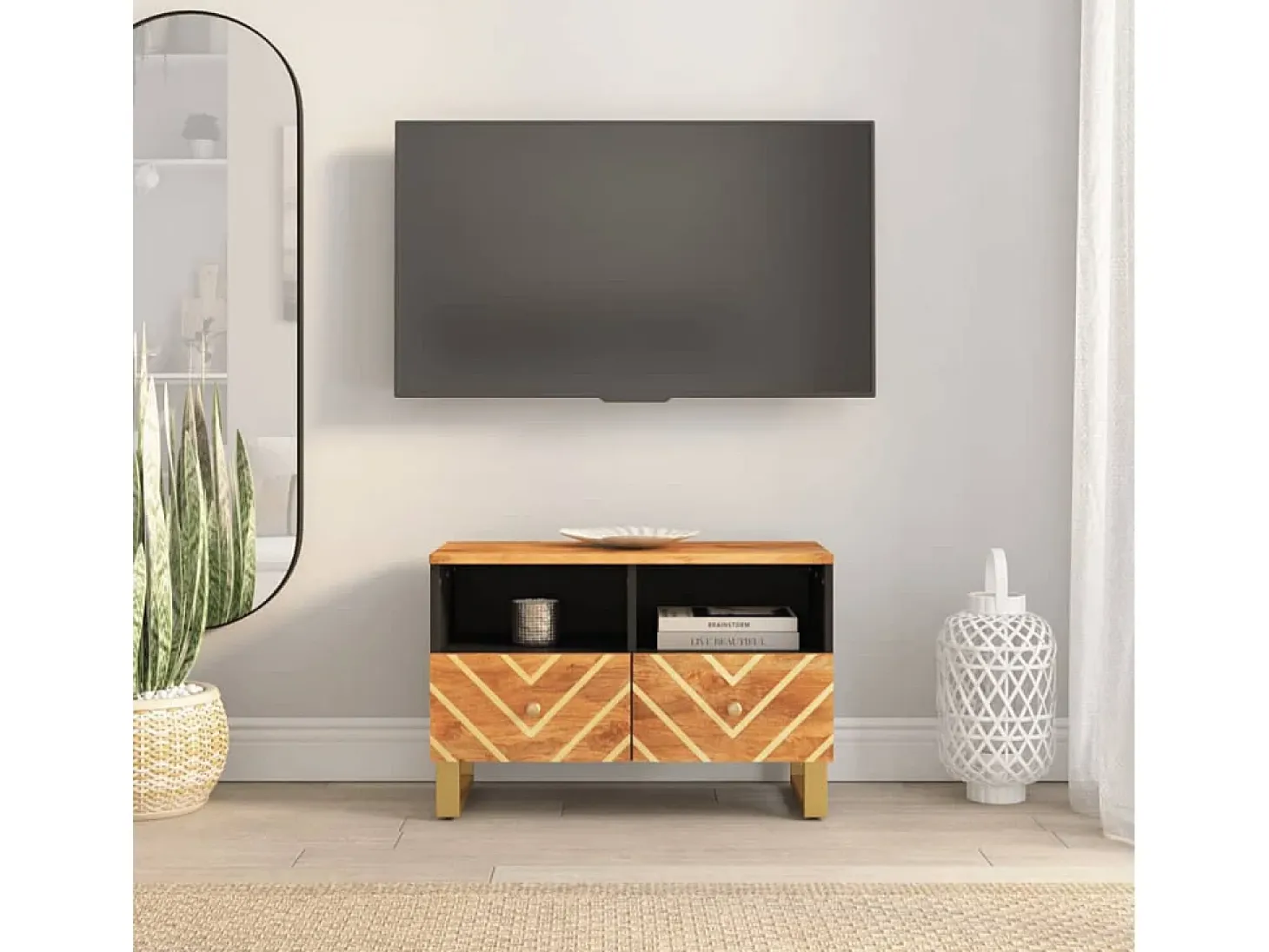 Garden Furniture - Mueble de TV madera de mango marrón negro 70x33,5x46 cm