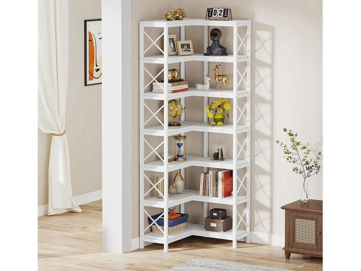Gran biblioteca angular moderna de 7 estantes con marco de metal para salón, casa y oficina (blanco)