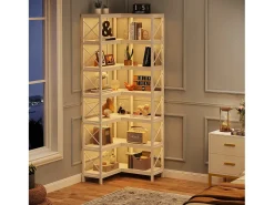 Gran biblioteca angular moderna de 7 estantes con marco de metal para salón, casa y oficina (blanco)