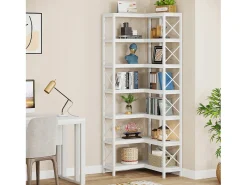 Gran biblioteca angular moderna de 7 estantes con marco de metal para salón, casa y oficina (blanco)