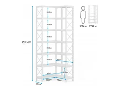 Gran biblioteca angular moderna de 7 estantes con marco de metal para salón, casa y oficina (blanco)
