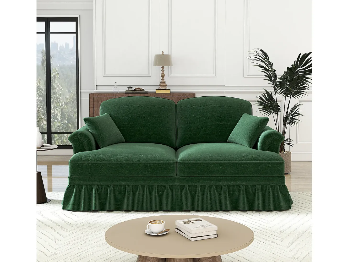 Gran Sofá 2 Plazas Chenille - Con Funda Extraíble y 2 Cojines - 194x83.5x93cm - Verde