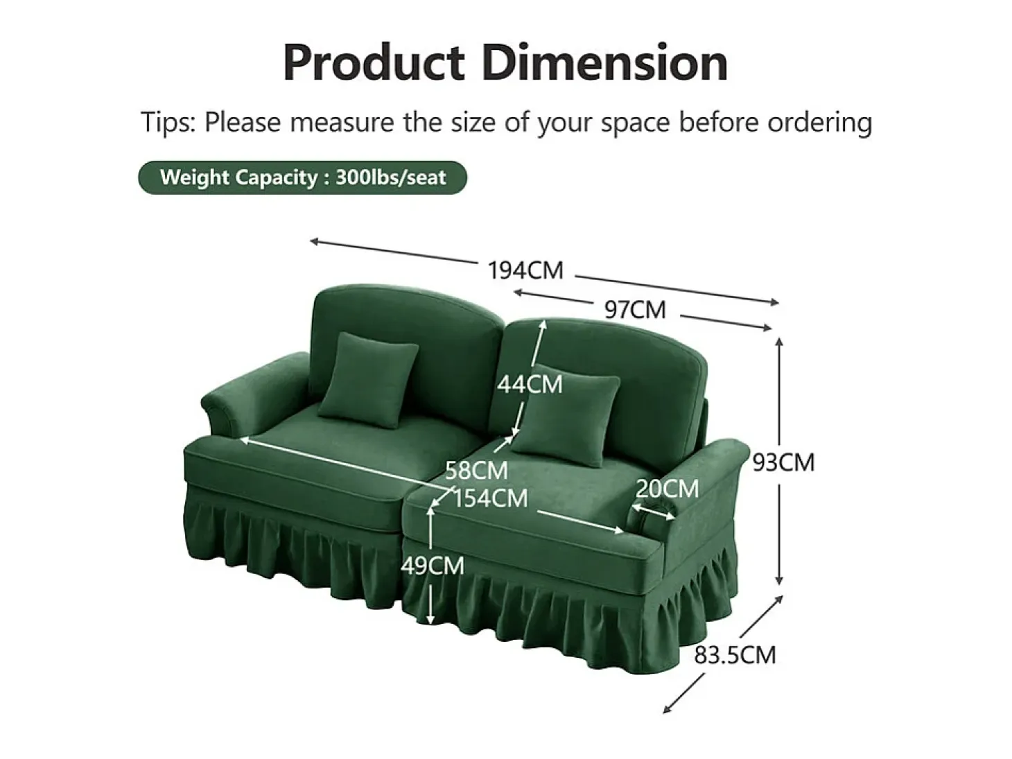 Gran Sofá 2 Plazas Chenille - Con Funda Extraíble y 2 Cojines - 194x83.5x93cm - Verde