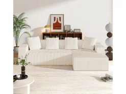 Gran sofá angular recto modular, de pana, con 4 cojines, sin montaje requerido, 261x146x65cm, Blanco