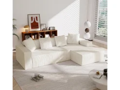 Gran sofá angular recto modular, de pana, con 4 cojines, sin montaje requerido, 261x146x65cm, Blanco