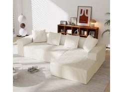 Gran sofá angular recto modular, de pana, con 4 cojines, sin montaje requerido, 261x146x65cm, Blanco