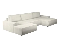 Gran sofá cama rinconera panorámico de pana beige arcón AMELIA