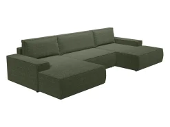 Gran sofá cama rinconera panorámico de tela verde AMELIA