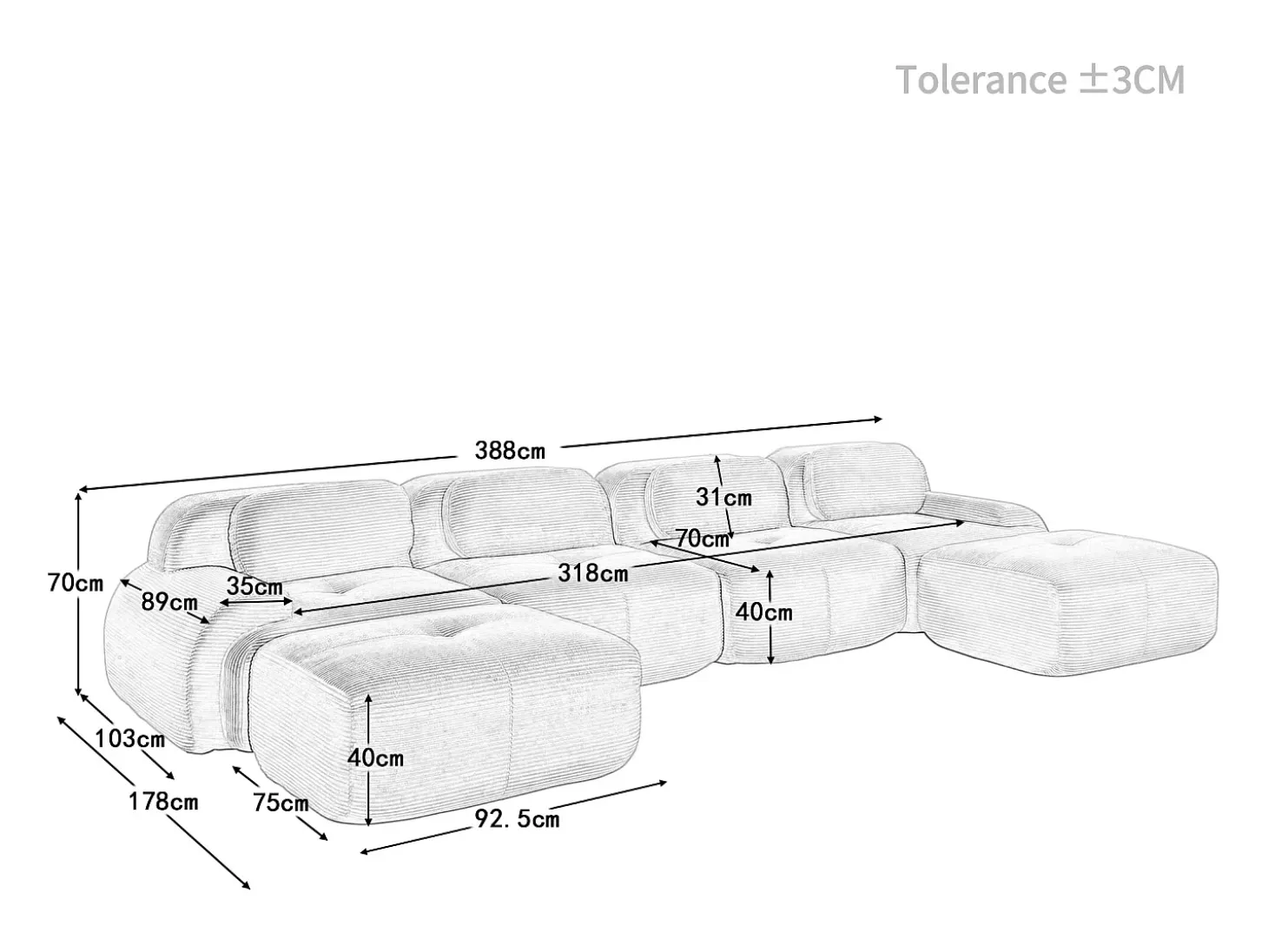 Gran sofá de esquina modular 388cm - en Pana - con 4 cojines y 2 otomanas - ergonómico - Marrón