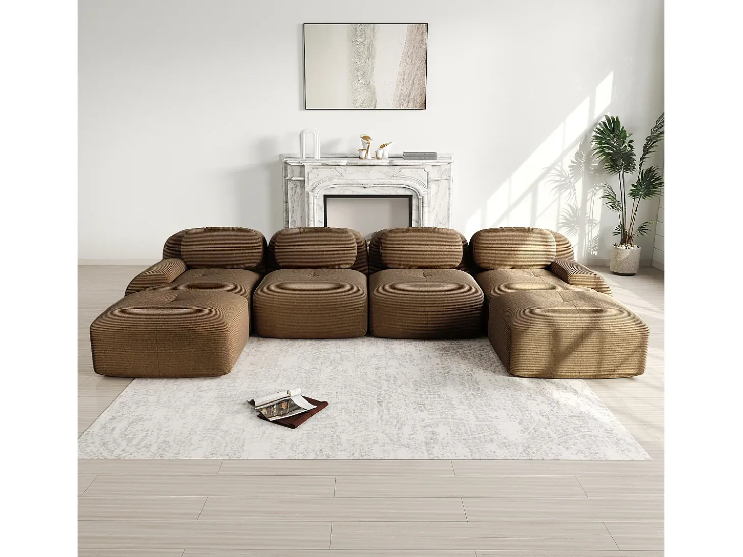 Gran sofá de esquina modular 388cm - en Pana - con 4 cojines y 2 otomanas - ergonómico - Marrón