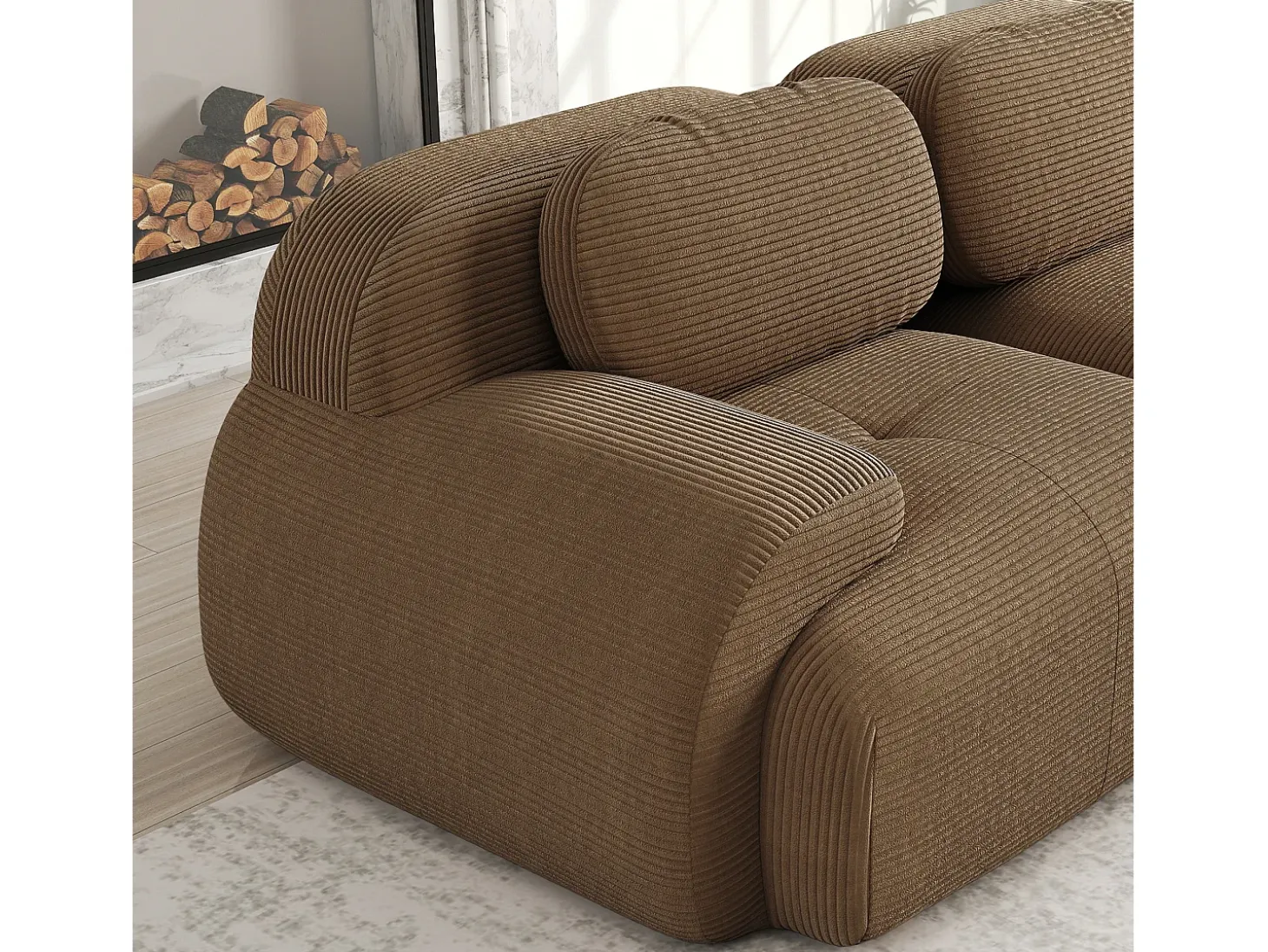 Gran sofá de esquina modular 388cm - en Pana - con 4 cojines y 2 otomanas - ergonómico - Marrón