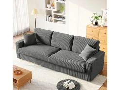 Gran sofá en terciopelo acanalado con 2 cojines - Gris - 256 x 89 x 88 cm