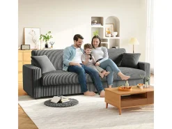 Gran sofá en terciopelo acanalado con 2 cojines - Gris - 256 x 89 x 88 cm