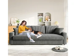Gran sofá en terciopelo acanalado con 2 cojines - Gris - 256 x 89 x 88 cm