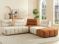 Gran sofá rinconera con respaldo avanzable y reclinable en tela beige y terracota APOLIU