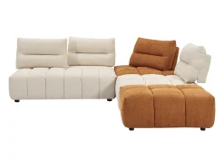 Gran sofá rinconera con respaldo avanzable y reclinable en tela beige y terracota APOLIU