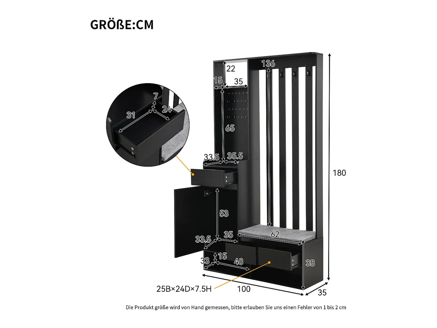 Guardarropa con 3 cajones, 1 puerta y zapatero - 100 x 35 x 180 cm - MDF - Negro