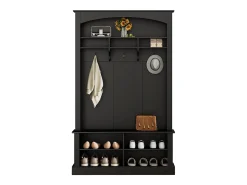 Guardarropa negro con banco, zapatero, 3 ganchos y almacenaje abierto 120x40x190 cm