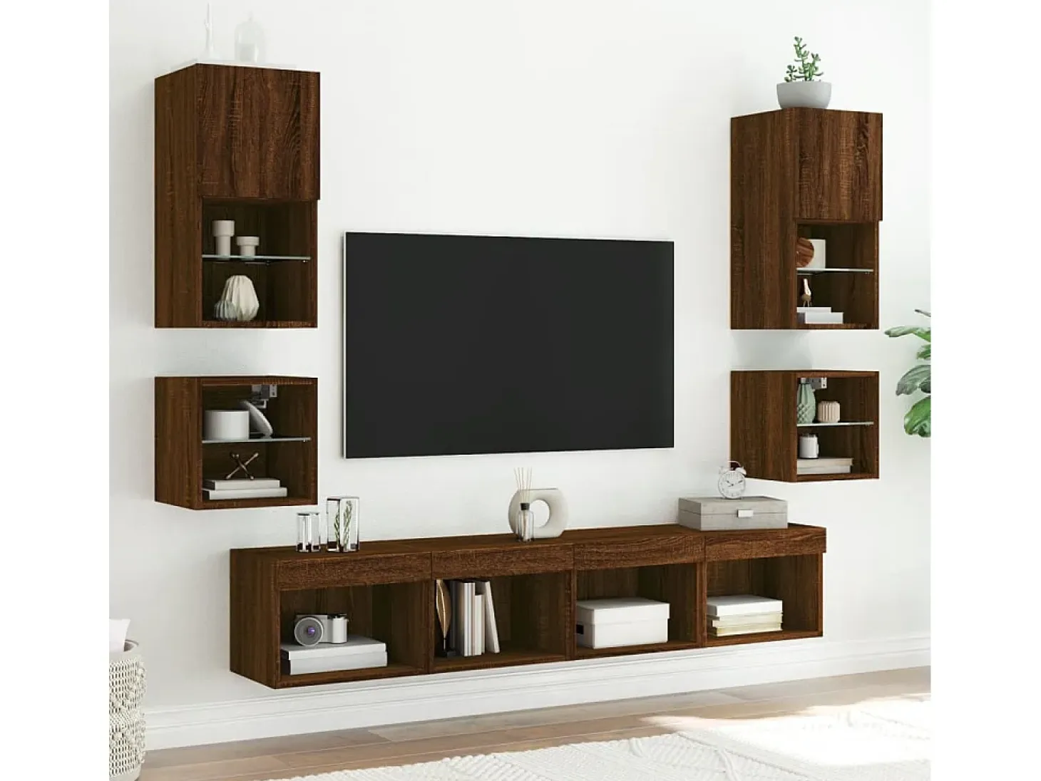 Hans Muebles TV de pared luces LED 2 uds roble marrón 30x28,5x30 cm