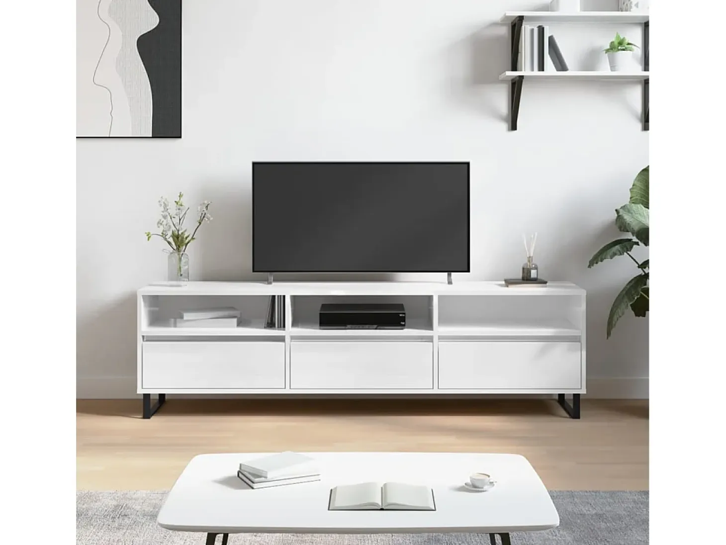 Hørning Mueble de TV madera contrachapada blanco brillo 150x30x44,5 cm