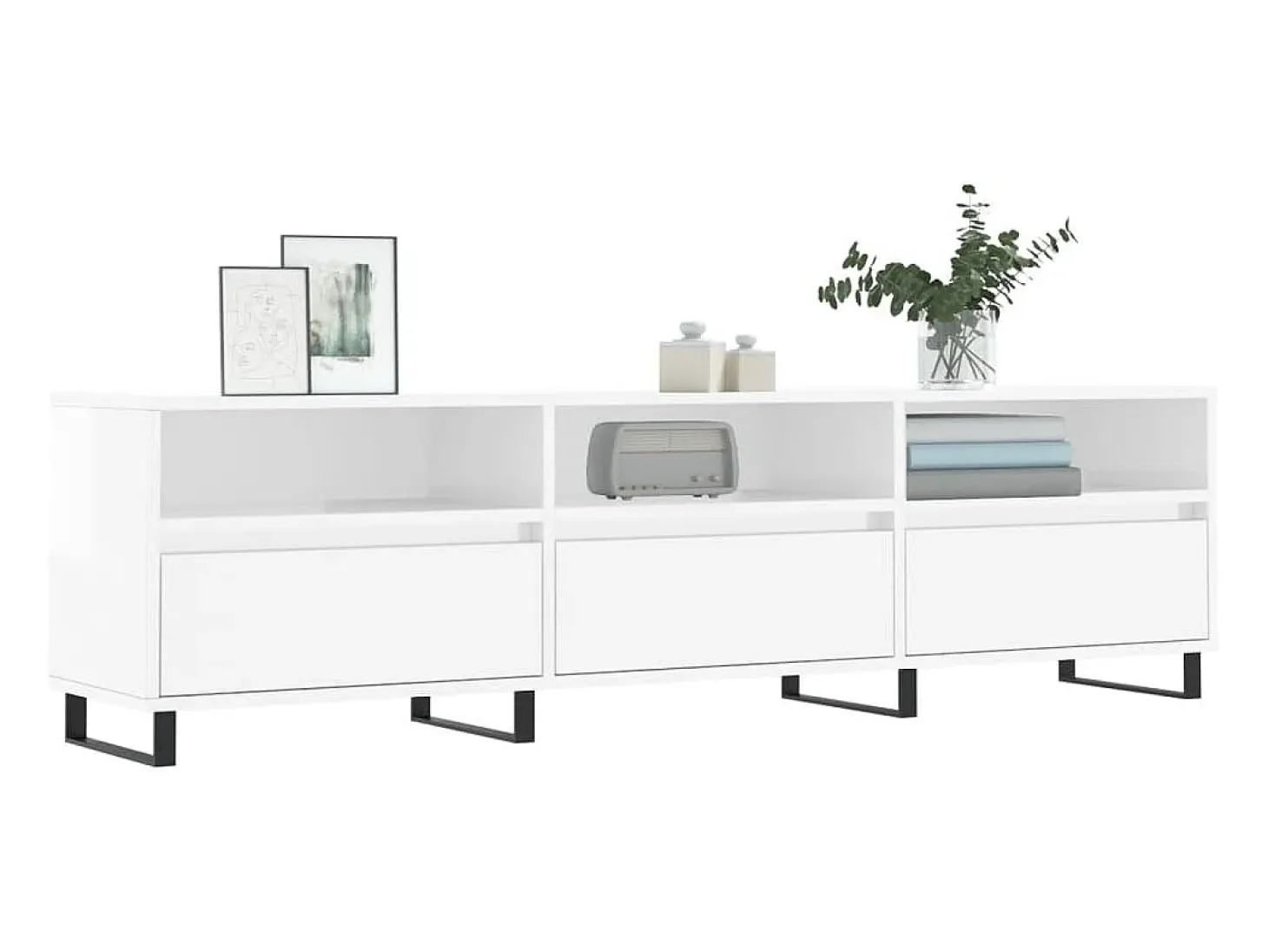 Hørning Mueble de TV madera contrachapada blanco brillo 150x30x44,5 cm