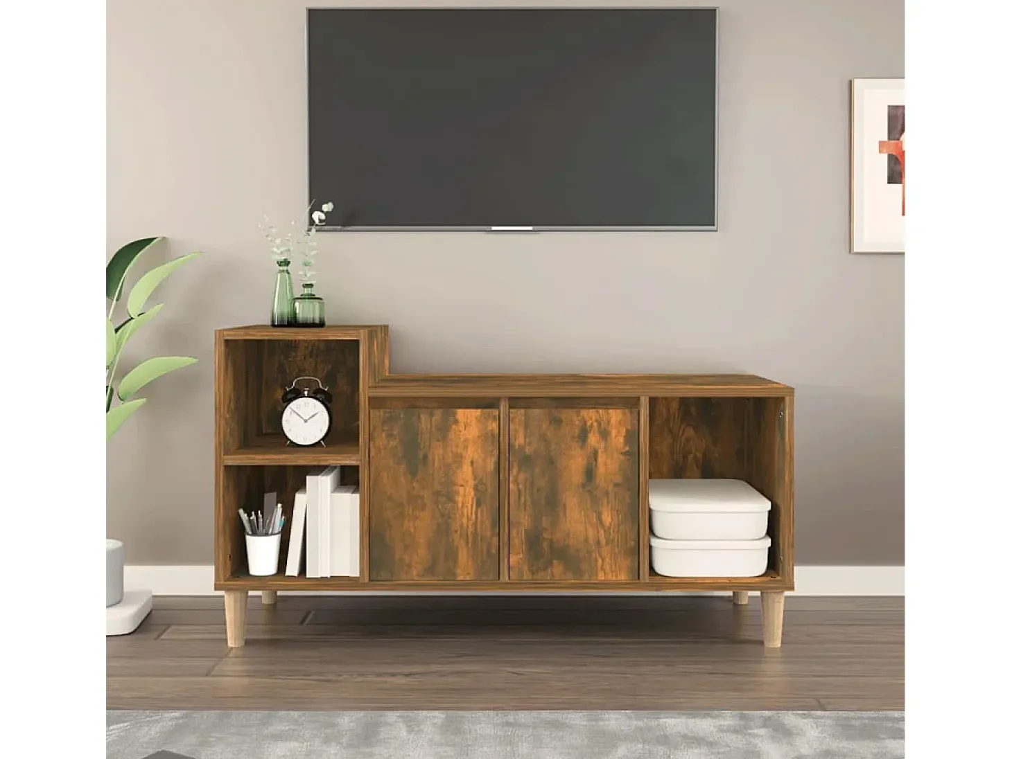 Ibtihal Mueble para TV madera contrachapada roble ahumado 100x35x55 cm