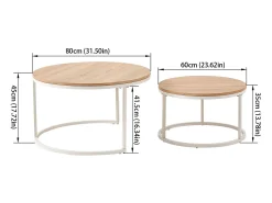 Juego de 2 Mesas Auxiliares Nido Redondas de Estilo Escandinavo en Roble - 80x45 cm y 60x35 cm - Diseño Apilable con Estructura de Acero