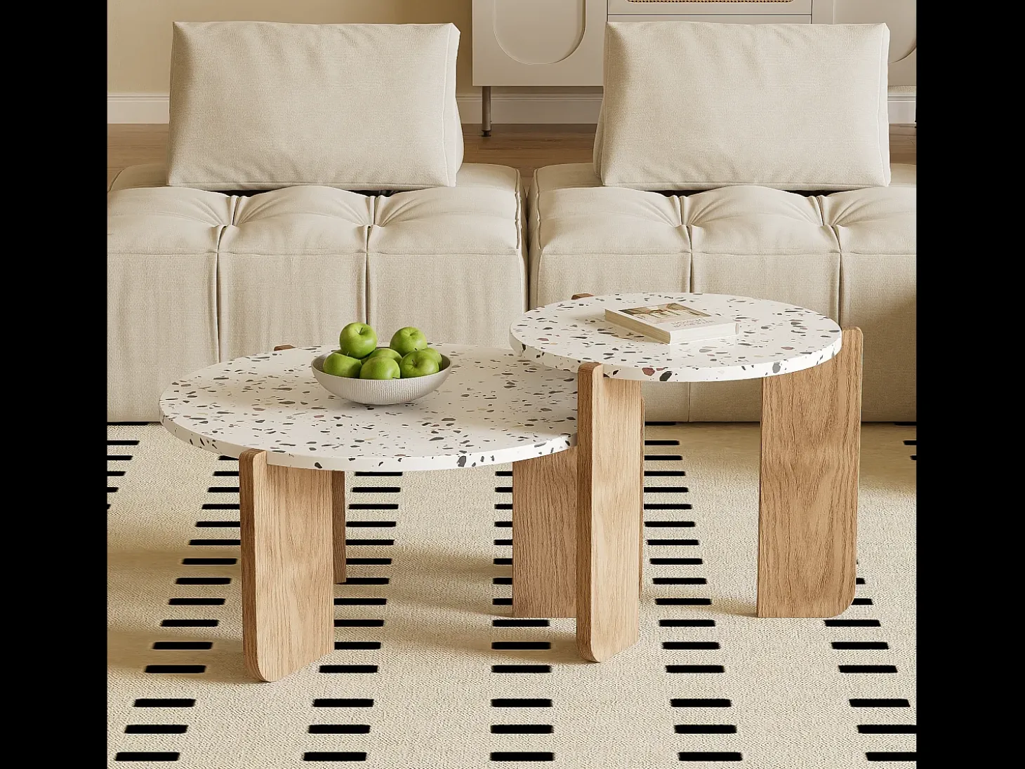 Juego de 2 mesas de centro nido - Patrón de colores entrelazados - Madera MDF - Blanco + natural