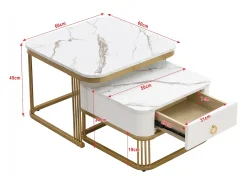 Juego de 2 mesas de centro nido con 1 cajón, mesa de centro cuadrada - encimeras imitación mármol - madera y metal - Blanco brillante