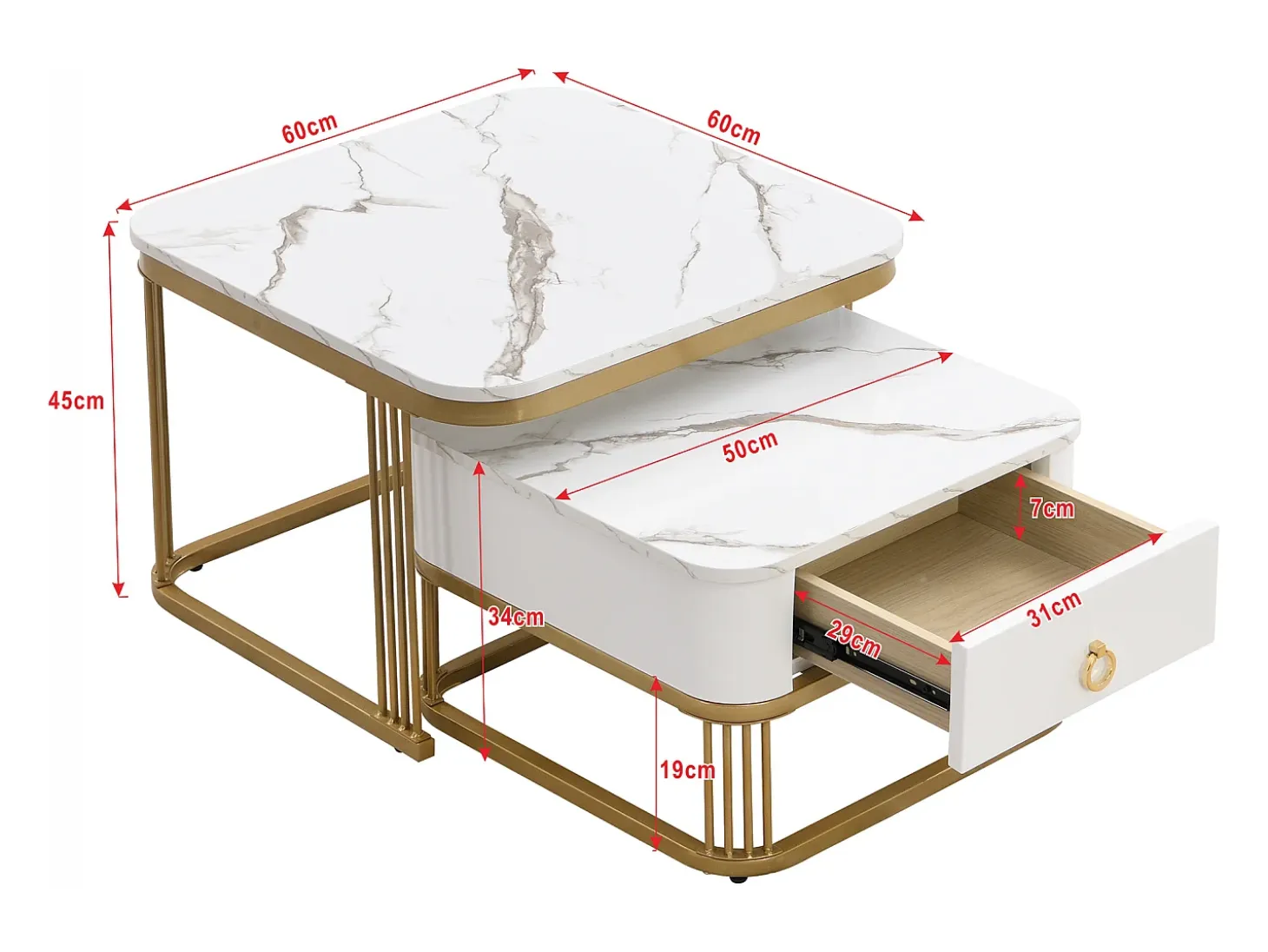 Juego de 2 mesas de centro nido con 1 cajón, mesa de centro cuadrada - encimeras imitación mármol - madera y metal - Blanco brillante