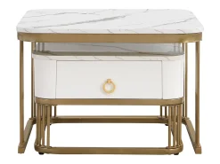 Juego de 2 mesas de centro nido con 1 cajón, mesa de centro cuadrada - encimeras imitación mármol - madera y metal - Blanco brillante