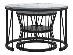 Juego de 2 mesas de centro redondas de mármol, chapa moderna, mesa auxiliar para sala de estar y oficina, color negro