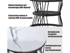 Juego de 2 mesas de centro redondas de mármol, chapa moderna, mesa auxiliar para sala de estar y oficina, color negro