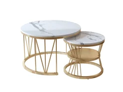 Juego de 2 mesas de centro redondas de mármol - Chapa moderna - Mesa auxiliar - Mesa de centro para sala de estar, sala de recepción, balcón y oficina - Dorado