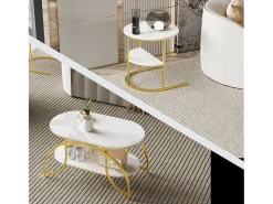 Juego de 2 mesas de centro nido - Efecto mármol - Diseño minimalista geométrico con estructura metálica - Fácil de montar - Dorado y blanco