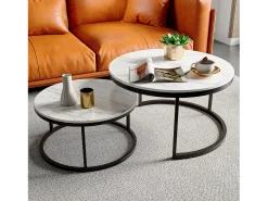 Juego de 2 mesas de centro nido modernas, estructura de metal negro, tablero de mármol - 80 cm