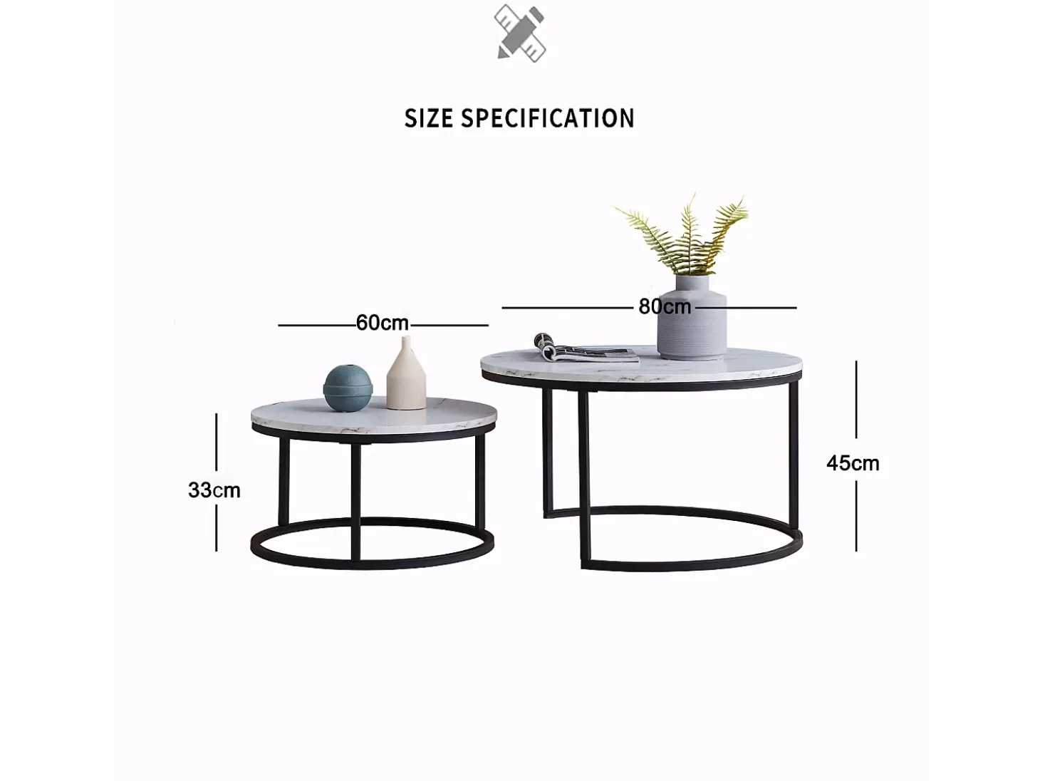 Juego de 2 mesas de centro nido modernas, estructura de metal negro, tablero de mármol - 80 cm