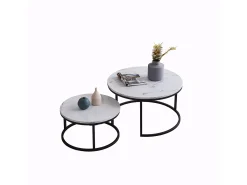 Juego de 2 mesas de centro nido modernas, estructura de metal negro, tablero de mármol - 80 cm