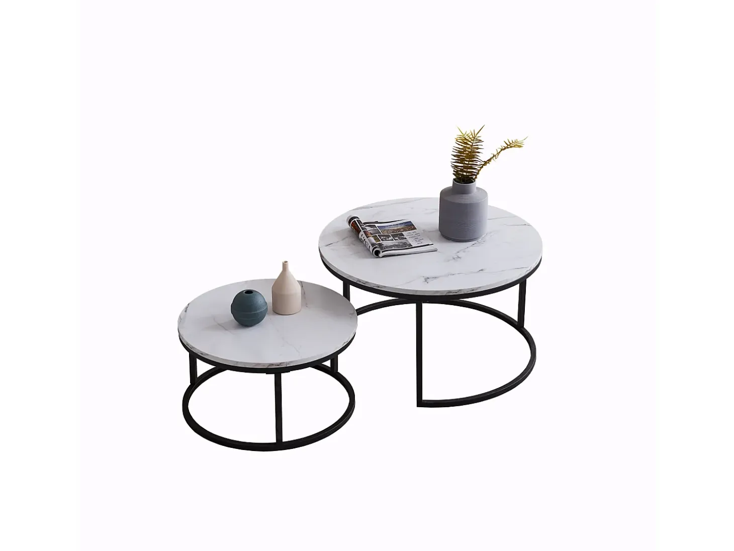 Juego de 2 mesas de centro nido modernas, estructura de metal negro, tablero de mármol - 80 cm