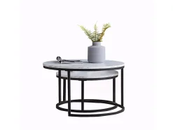 Juego de 2 mesas de centro nido modernas, estructura de metal negro, tablero de mármol - 80 cm
