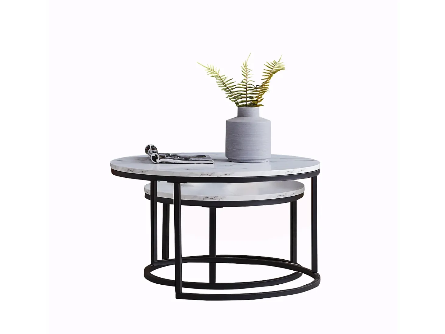 Juego de 2 mesas de centro nido modernas, estructura de metal negro, tablero de mármol - 80 cm