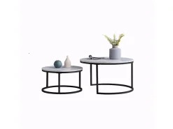 Juego de 2 mesas de centro nido modernas, estructura de metal negro, tablero de mármol - 80 cm