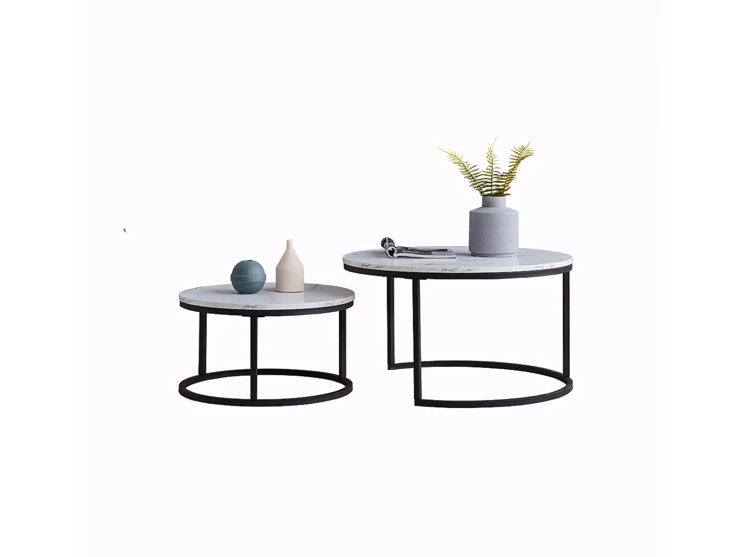 Juego de 2 mesas de centro nido modernas, estructura de metal negro, tablero de mármol - 80 cm