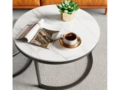 Juego de 2 mesas de centro nido modernas, estructura de metal negro, tablero de mármol - 80 cm