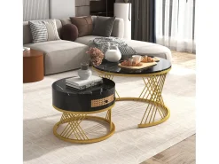 Juego de 2 mesas de centro nido con cajón - madera MDF y metal - tapa con diseño de mármol - negro
