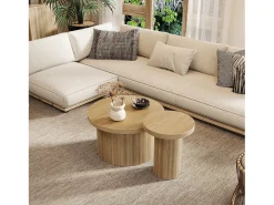 Juego de 2 mesas de centro nido redondas 66x66x40/40x40x46cm, MDF, superficie chapada en madera natural clara